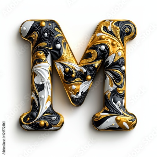 Stylish 3D Letter M in Gold, Black, and White Design