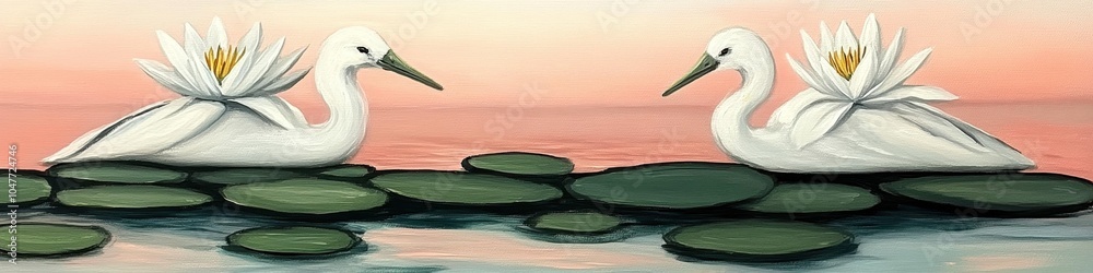 Φωτογραφία Serene Swan Art on Lily Pads at Sunset Over Tranquil Lake with Soft Pink Sky Wat