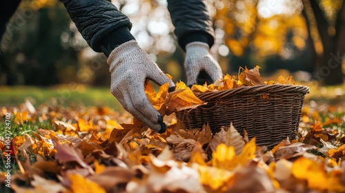 Hands in gardening gloves collecting autumn leaves in a park, with a basket nearby.