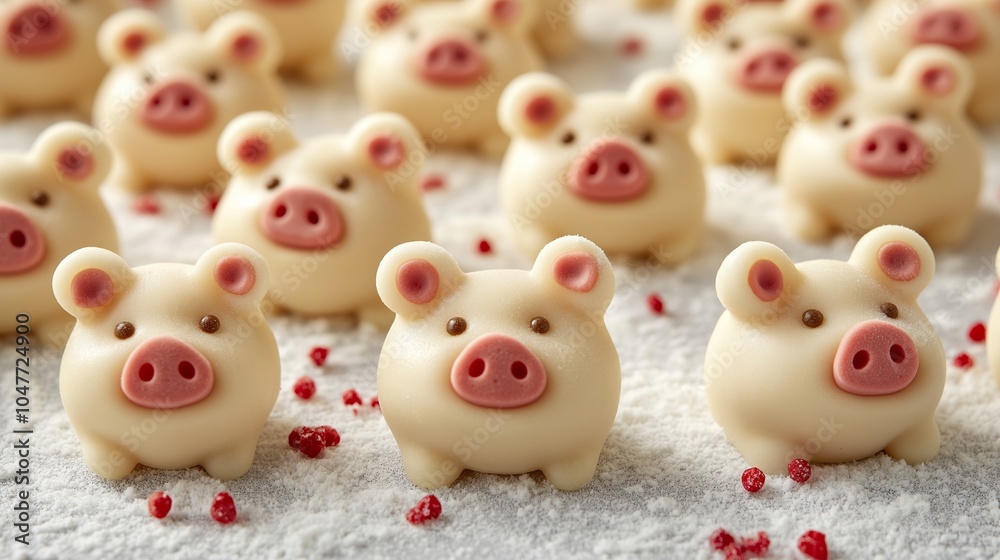 A collection of pig-shaped marzipan figures decorated with pink snouts and placed on a dusting of powdered sugar A collection of pig-shaped marzipan figures decorated with pink snouts and placed on a dusting of powdered sugar