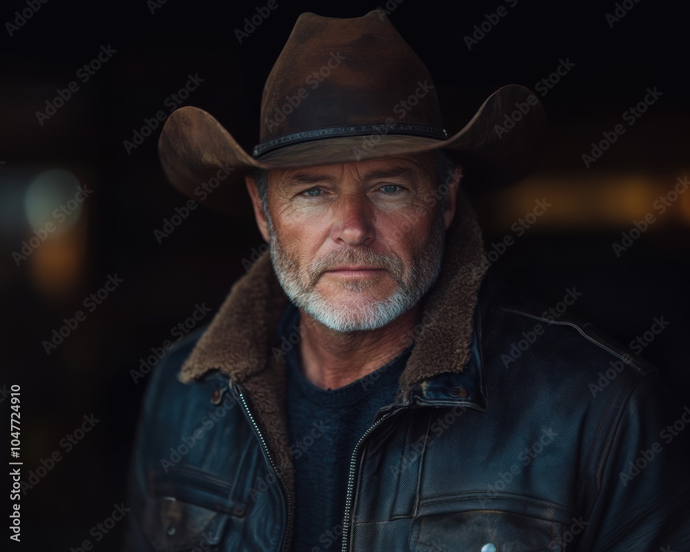 portrait of a cowboy rancher in a hat in a leather coat on a ranch portrait of a cowboy rancher in a hat in a leather coat on a ranch