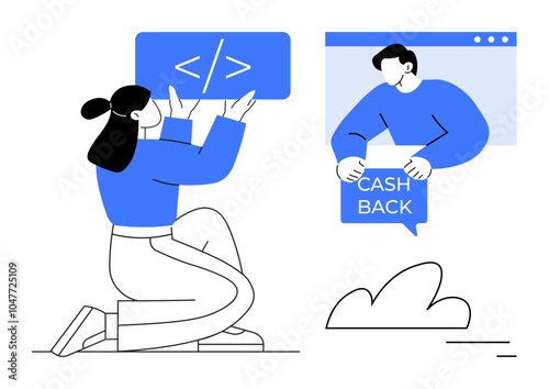 Two characters in a digital setting engage in activities. One shows a coding symbol tag while the other presents a cash back sign. Ideal for productivity, technology, finance, collaboration