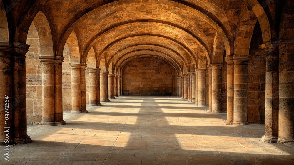 Stone arched hallway with columns and light streaming through. Stone arched hallway with columns and light streaming through.
