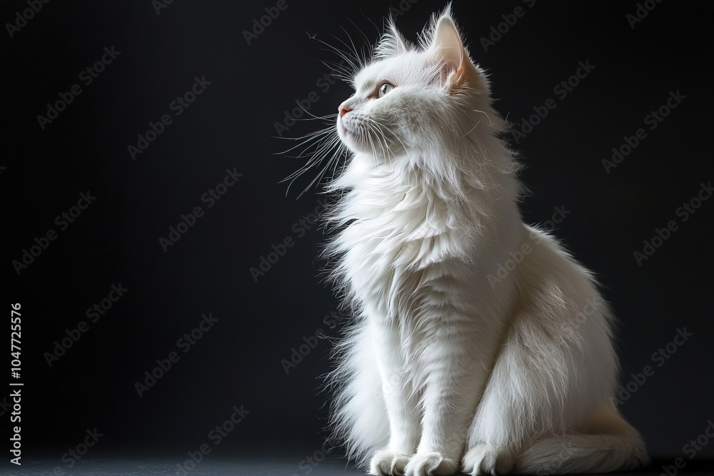 close-up adorable fluffy white cat sitting and looking up on black background with copy space