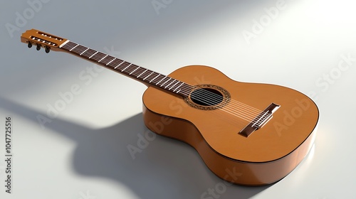 A classic acoustic guitar with six strings, a wooden body, and a sound hole lies flat on a white surface. The guitar is in focus and casts a shadow behind it. photo