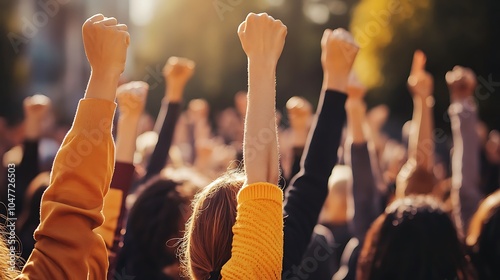 A crowd of people raise their fists in the air in a powerful display of unity and protest.