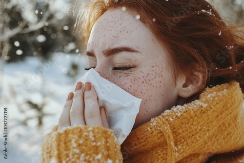 Young woman with freckles sneezing into a handkerchief on a snowy day, wearing a cozy winter coat. Captures the essence of cold weather and seasonal health challenges. photo