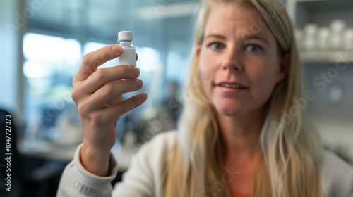 Wallpaper Mural A smiling blonde woman holds a tiny white vial, speaking to the camera in an office, captured in a commercial style with vibrant film aesthetics. Torontodigital.ca