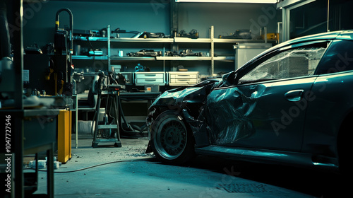 Wallpaper Mural Damaged car in garage with tools and equipment, showcasing minor damage and cluttered workspace. scene conveys sense of repair and restoration Torontodigital.ca