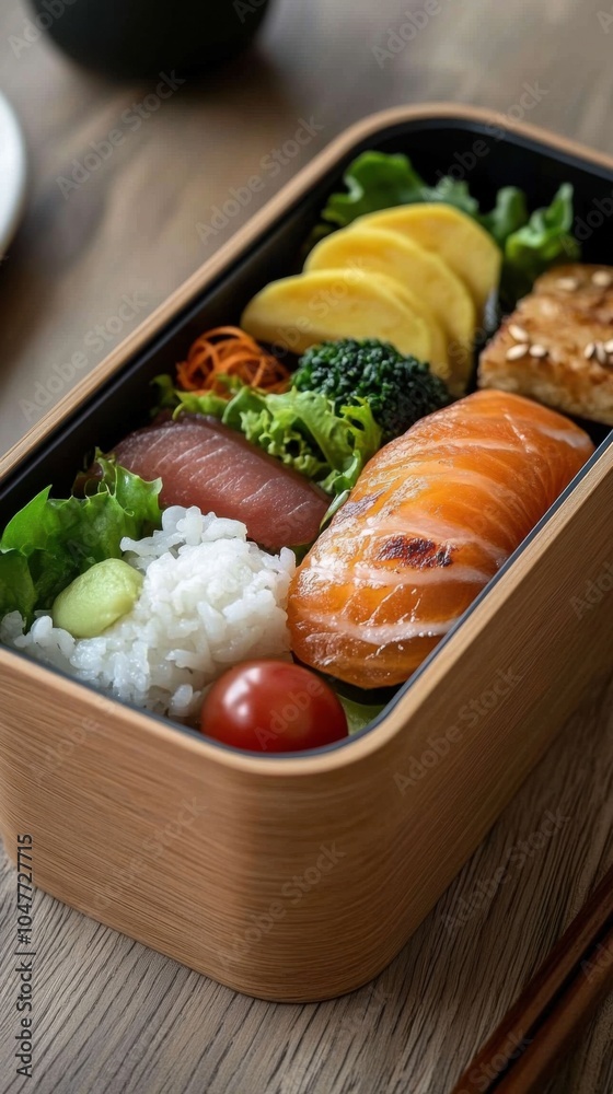 新鮮な鮭、ご飯、野菜が入ったカラフルな日本の弁当箱