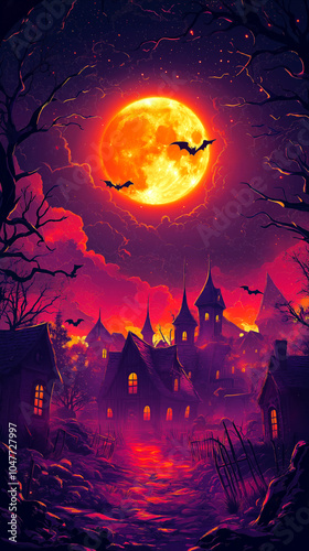 Mystical Halloween scene with full moon illuminating sky filled with clouds and flying bats, eerie village of old, haunted houses. Perfect vertical banner for Halloween promotions or themed posters