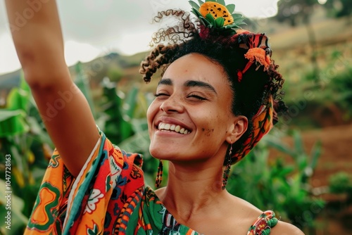 Joyful woman celebrating success in farming, showcasing happiness and achievement in agriculture amidst a rural landscape