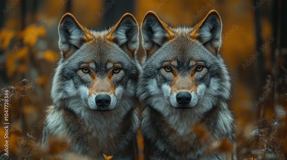 Fototapeta premium Two grey wolves looking directly at the camera in a forest setting.
