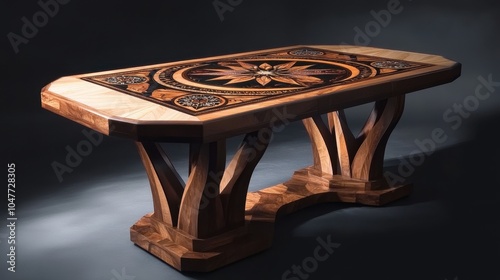 A beautifully crafted wooden table featuring marquetry designs inspired by cultural heritage and traditional motifs. 