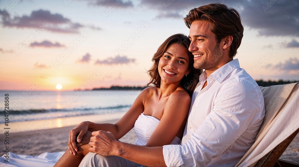 Beautiful couple in love on the beach at sunset Beautiful couple in love on the beach at sunset