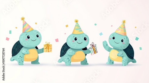 Three cute cartoon turtles in party hats holding gifts.