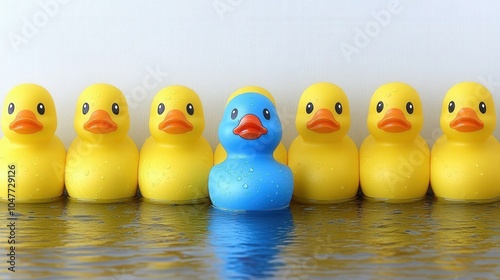 Unique Blue Rubber Duck Surrounded by Yellow Ducks in Water, Representing Individuality Amidst Conformity, Highlighting Contrast in Color and Personality