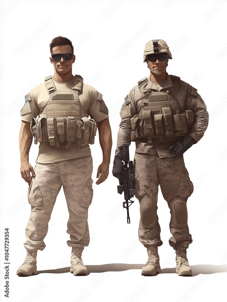 Soldiers in tactical gear stand side by side against a neutral background for training Soldiers in tactical gear stand side by side against a neutral background for training