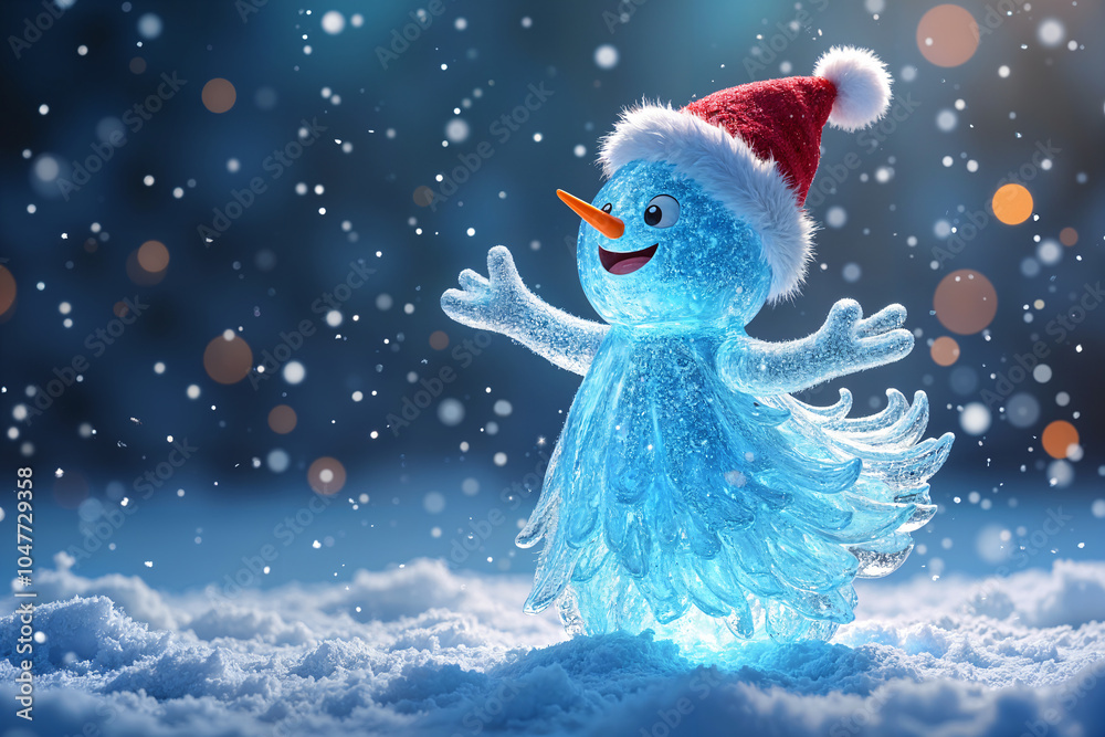 Obraz premium Blue, cartoon-style snowman with a big smile and a Santa hat, standing in the snow and surrounded by falling snowflakes.