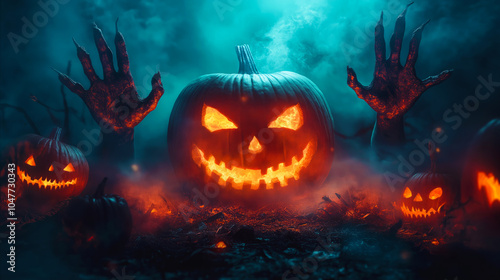 Halloween scene: large, glowing jack-o'-lantern with sinister grin, pumpkin are eerie, decaying hands emerging from misty ground. Perfect for Halloween-themed poster, spooky advertising campaign