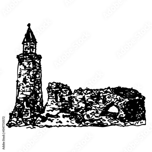 Ruins of Bulgar Mosque in Tatarstan, Russia. Historical Muslim architectural monument. Hand drawn linear doodle rough sketch. Black and white silhouette.