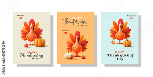 Thanksgiving poster. 3D stylized turkey bird, pumpkin, apple, leaves. Bright posters for celebrating a traditional American holiday. Generous harvest. Vector