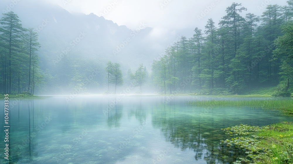 Tranquil misty lake surrounded by a lush forest. Tranquil misty lake surrounded by a lush forest.