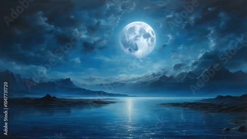 A serene night scene with a large, bright moon hanging in the sky above a calm lake with mountains in the distance.