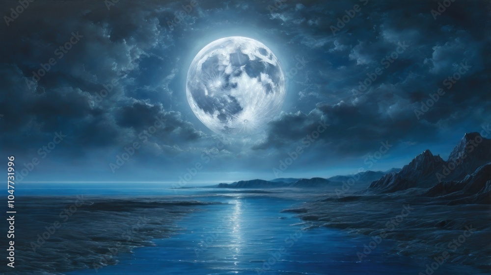 Fototapeta premium A large, full moon hangs in a dark blue sky over a still, reflective body of water in a landscape of mountains.