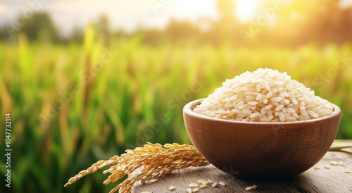 Freshly harvested rice in wooden bowl, surrounded by golden rice stalks, captures essence of natures bounty. warm sunlight enhances serene atmosphere of this agricultural scene photo