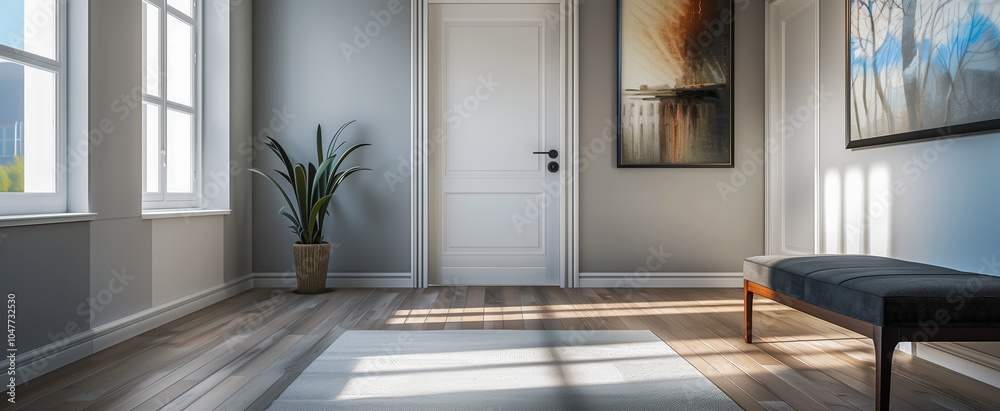 Fototapeta premium Sunlit modern hallway interior with elegant decor elements