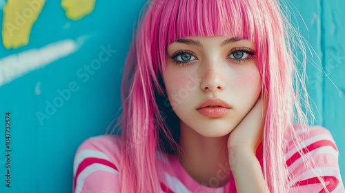 Teen Latino Woman with Pink Straight Hair photorealistic illustration.