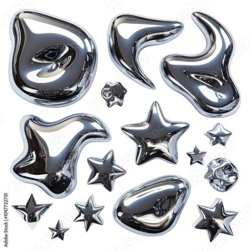 3d chrome metal organic fluid shapes and stars isolated on transparent or white background