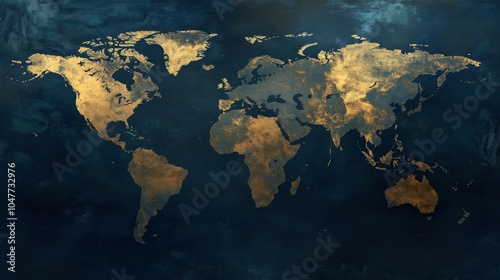 A detailed world map with a textured, aged look, with continents outlined in a muted golden hue against a dark blue background.