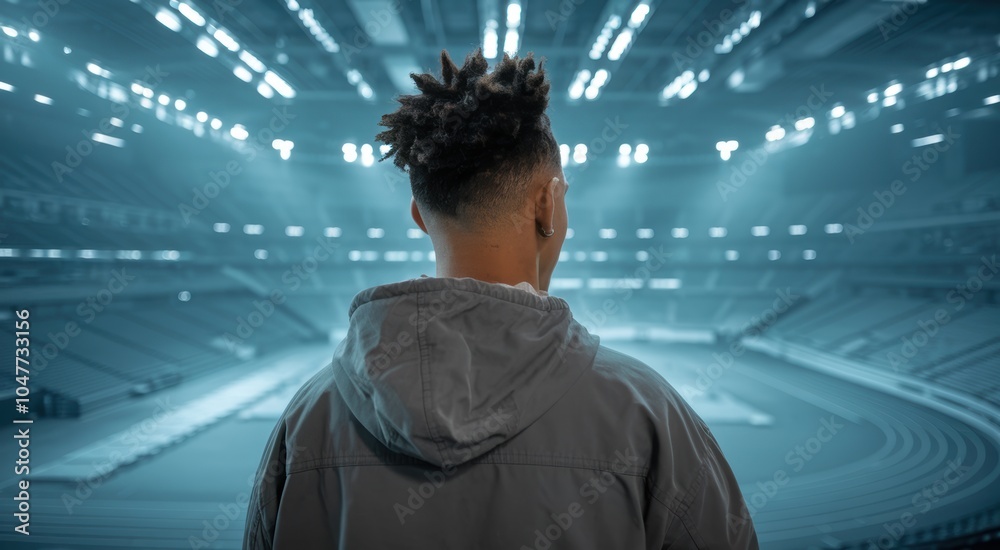 A focused athlete stands in a modern stadium, envisioning victory under bright stadium lights. A focused athlete stands in a modern stadium, envisioning victory under bright stadium lights.