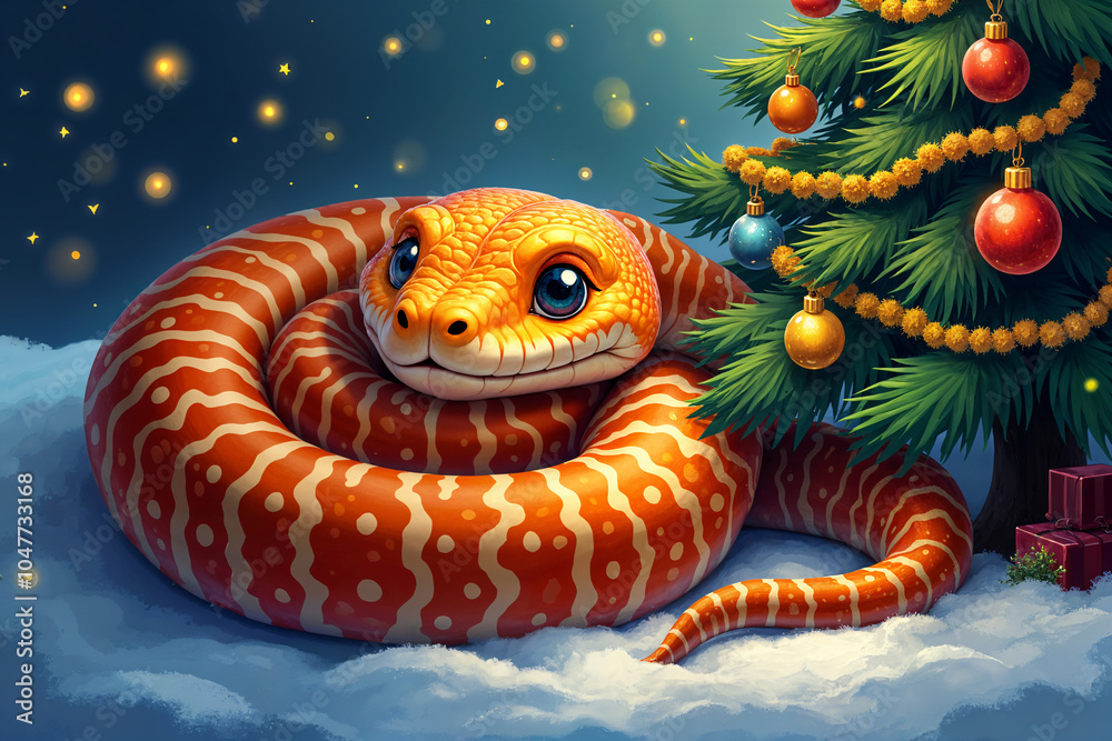 Cartoon depiction of a snake coiled near a Christmas tree, with the tree adorned with ornaments and lights. Cartoon depiction of a snake coiled near a Christmas tree, with the tree adorned with ornaments and lights.