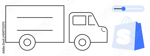 Simple vector showing a delivery truck, a shopping bag with an S on it, and a toggle button. Ideal for e-commerce, online shopping, delivery services, logistics, and digital transactions. Minimalist