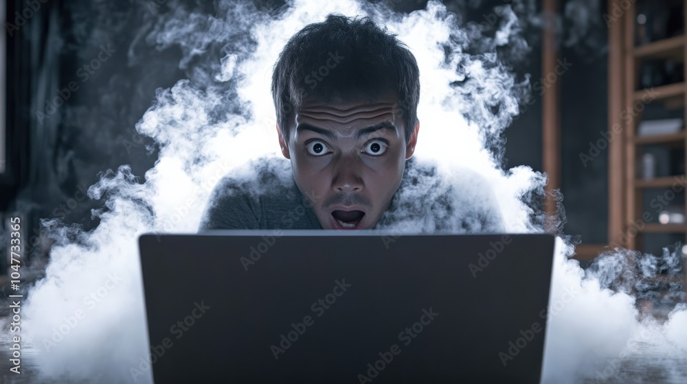 Surprised Young Man at Laptop Surrounded by Smoke Surprised Young Man at Laptop Surrounded by Smoke