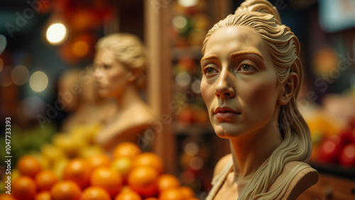 Art Meets Life: A Captivating Wax Statue Display Amidst a Colorful Fruit Market