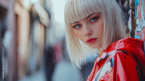 Teen White Woman with Blond Straight Hair photorealistic illustration.