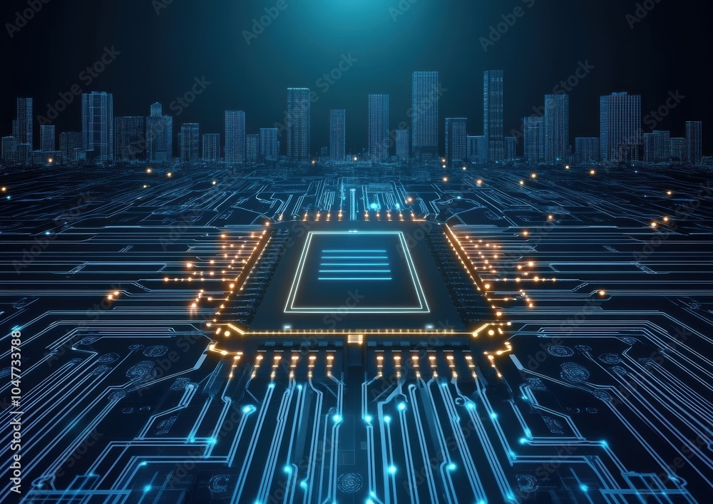 Futuristic Circuit Cityscape Featuring Microchip in Digital Circuit Network with Glowing Technology Lights, Symbolizing Innovation in Urban Tech and AI Futuristic Circuit Cityscape Featuring Microchip in Digital Circuit Network with Glowing Technology Lights, Symbolizing Innovation in Urban Tech and AI