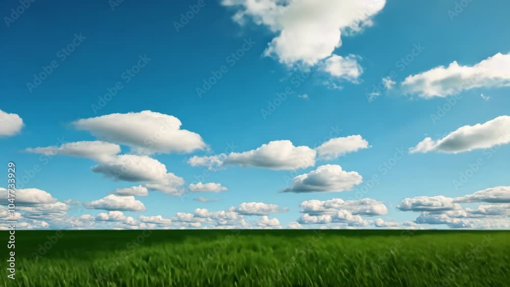 A field of green grass stretches under a bright blue sky with white fluffy clouds on a sunny day A field of green grass stretches under a bright blue sky with white fluffy clouds on a sunny day