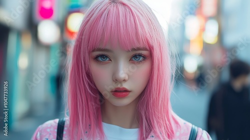 Teen White Woman with Pink Straight Hair photorealistic illustration.