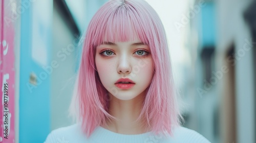 Teen White Woman with Pink Straight Hair photorealistic illustration.