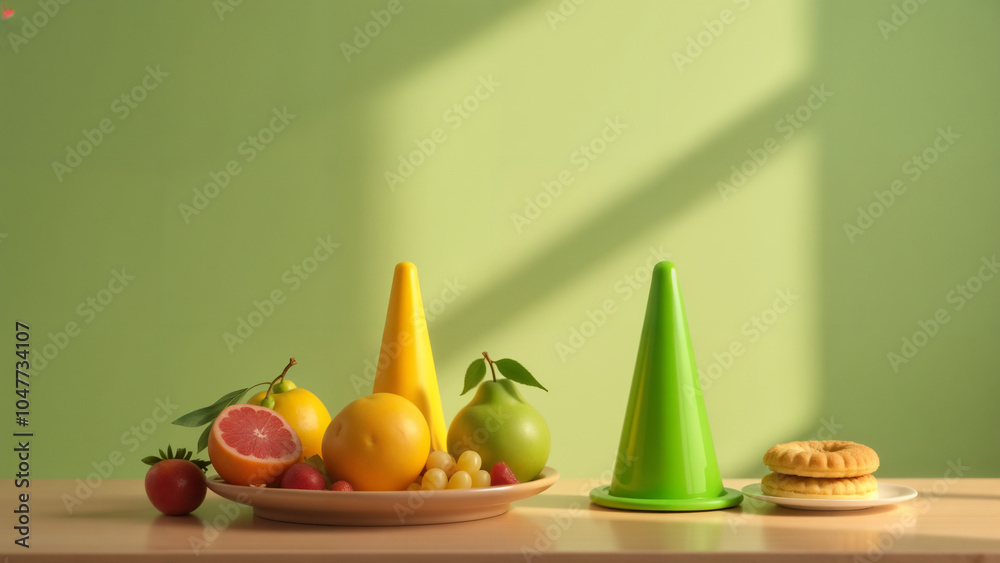 A Charming Breakfast Table Adorned with Fresh Fruits and Pastries in Front of Two Cheerful Green Traffic Cones A Charming Breakfast Table Adorned with Fresh Fruits and Pastries in Front of Two Cheerful Green Traffic Cones