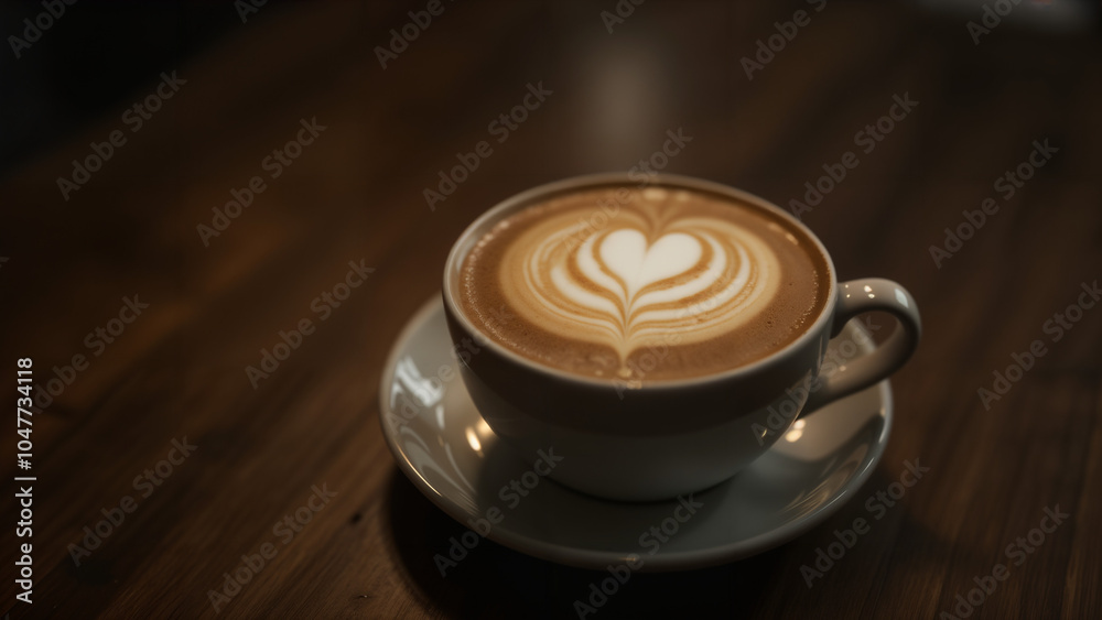 A Beautifully Brewed Cup of Coffee with Intricate Latte Art on a Rustic Table Evoking Warm Ambiance A Beautifully Brewed Cup of Coffee with Intricate Latte Art on a Rustic Table Evoking Warm Ambiance