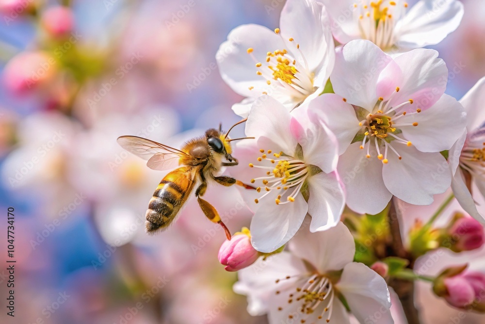 Symmetrical cherry blossom being pollinated by a bee Symmetrical cherry blossom being pollinated by a bee