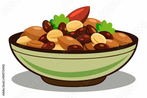 Mixture of nuts and raisins in bowl, on white background 