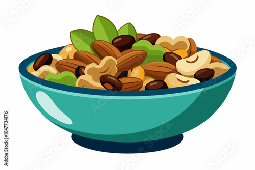 Mixture of nuts and raisins in bowl, on white background 