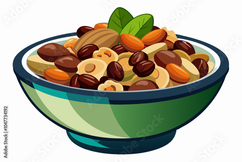 Mixture of nuts and raisins in bowl, on white background 